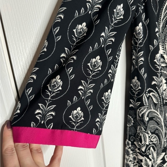 ELIZA J Black/White Floral Pattern Shift Dress With Hot Pink Trim Size 4 - Picture 3 of 4